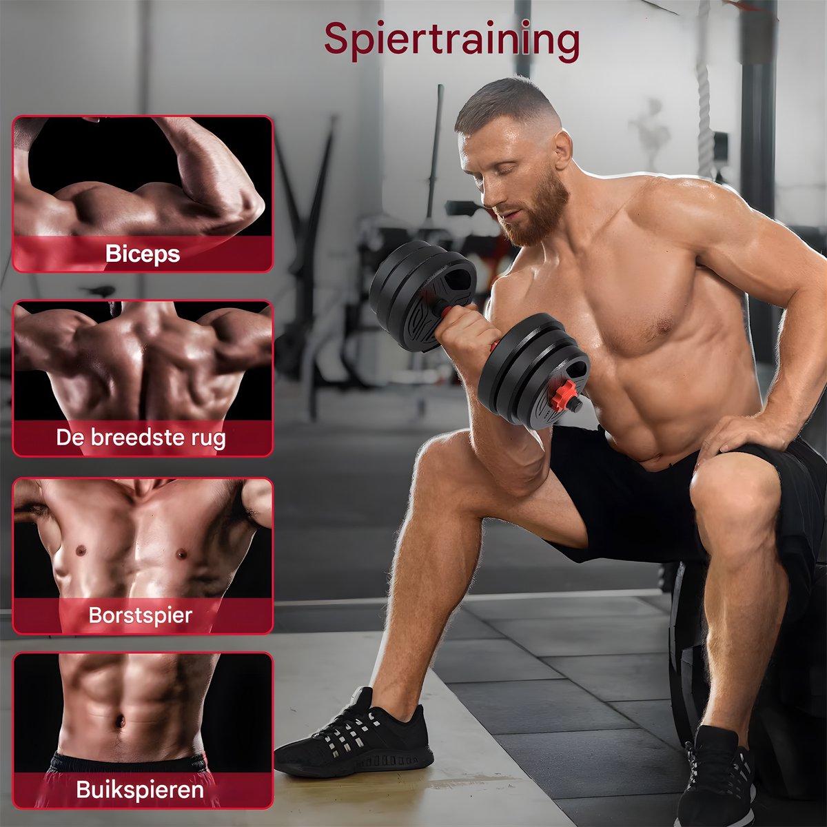 3-in-1 Halterset - Haltergrepen - Verstelbare dumbbells - Set 20 kg - Voor Home Gym & Krachttraining - Compleet Fitnessgewichtenset - Rood/zwart