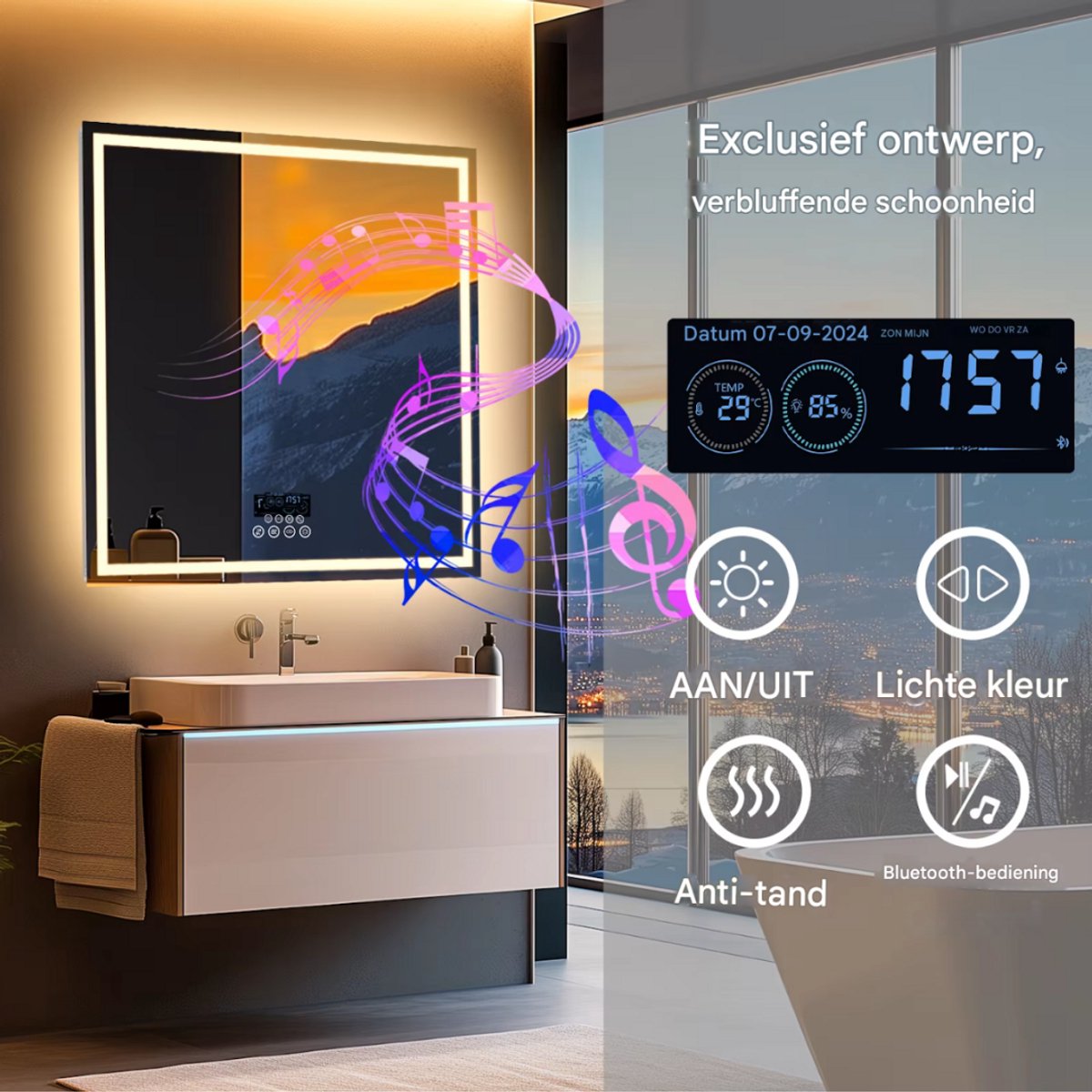 Ronde Badkamerspiegel - Met bluetooth en verlichting - 80cm - Voor Badkamer, Make-up & Wandmontage - Dimbaar licht - Muziek