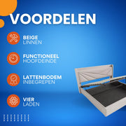 Bed - Tweepersoonsbedden - Tweepersoonsbed - Twijfelaar - Voor Slaapkamer - Met USB-C Oplaadfunctie, Opbergruimte & Comfortabel Hoofdeinde - Linnen Bekleding, Lattenbodem & Inclusief Matras - 140x200cm