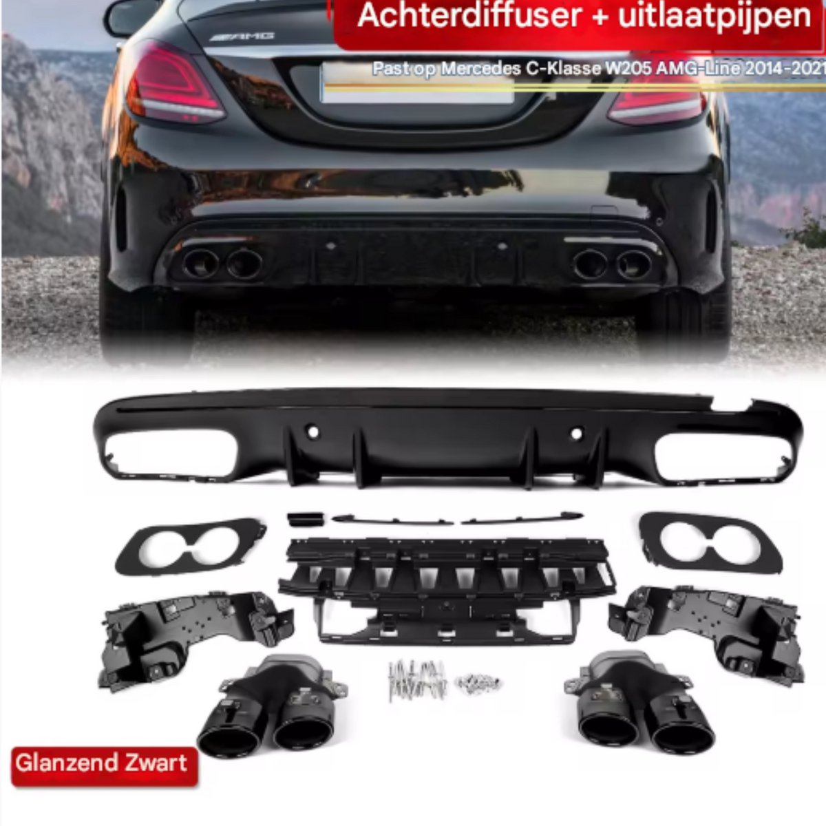 Achterdiffuser - Voor Mercedes C-Klasse W205 Sedan AMG C43 (2014-2021) - Zwart - Ronde Uitlaat Tips - Auto Accessoires