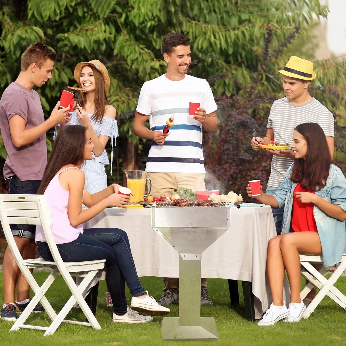 Grill Houtskool BBQ Fioren - Voor Tuin, Camping & Outdoor - Draagbare Trechterbarbecue met Plank - Roestvrijstaal - 48x63x90 cm