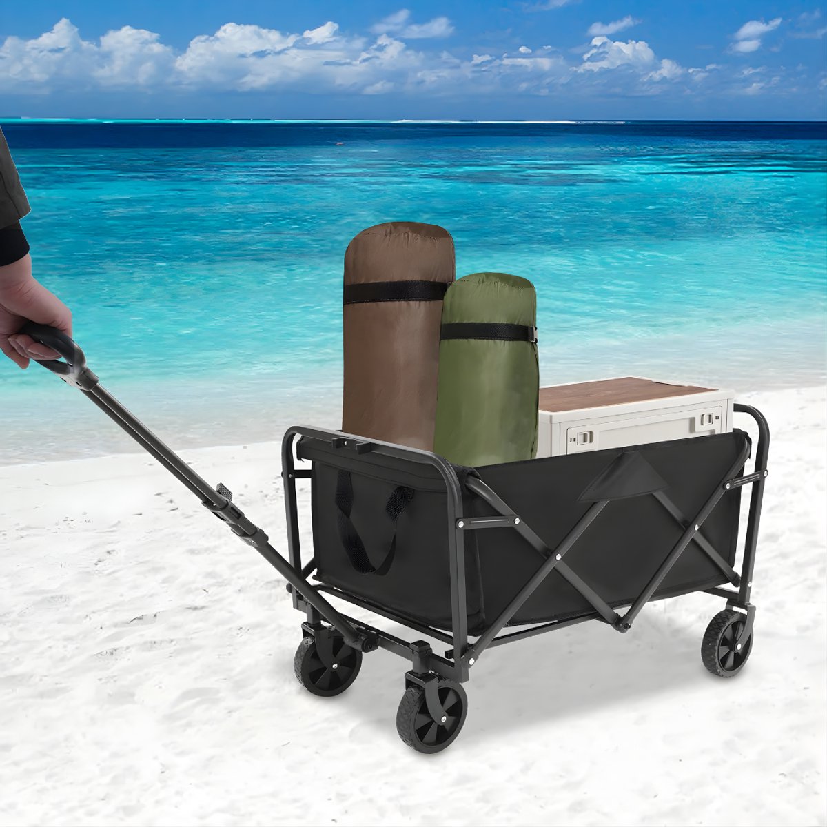 Opvouwbare Bolderkar – Bolderwagen - Voor strand, tuin en camping – Met wielen en duwstang – Zwart