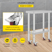 Keukentafel horeca - RVS - Werktafel met wielen - Bijzettafel verplaatsbaar - Keukeneiland