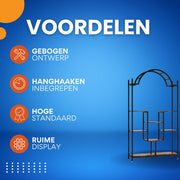 Plantenstandaard Vexal - 5 lagen - Gebogen Metalen Plantenrek - 190 cm hoog × 100 cm breed × 30 cm diep - Met Hangende Haken - Grote Bloemen