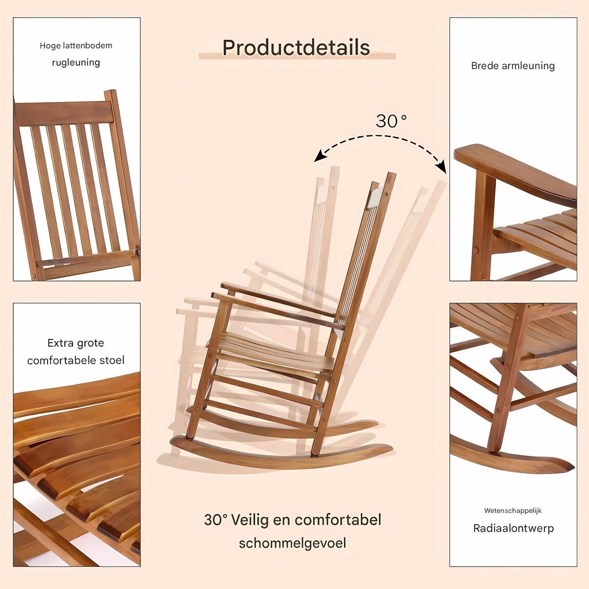 Schommelstoel Vaylen - Wipstoel - Voor Slaapkamer, Woonkamer, Tuin & Balkon - Grote Stoel voor Volwassenen - Houtlook