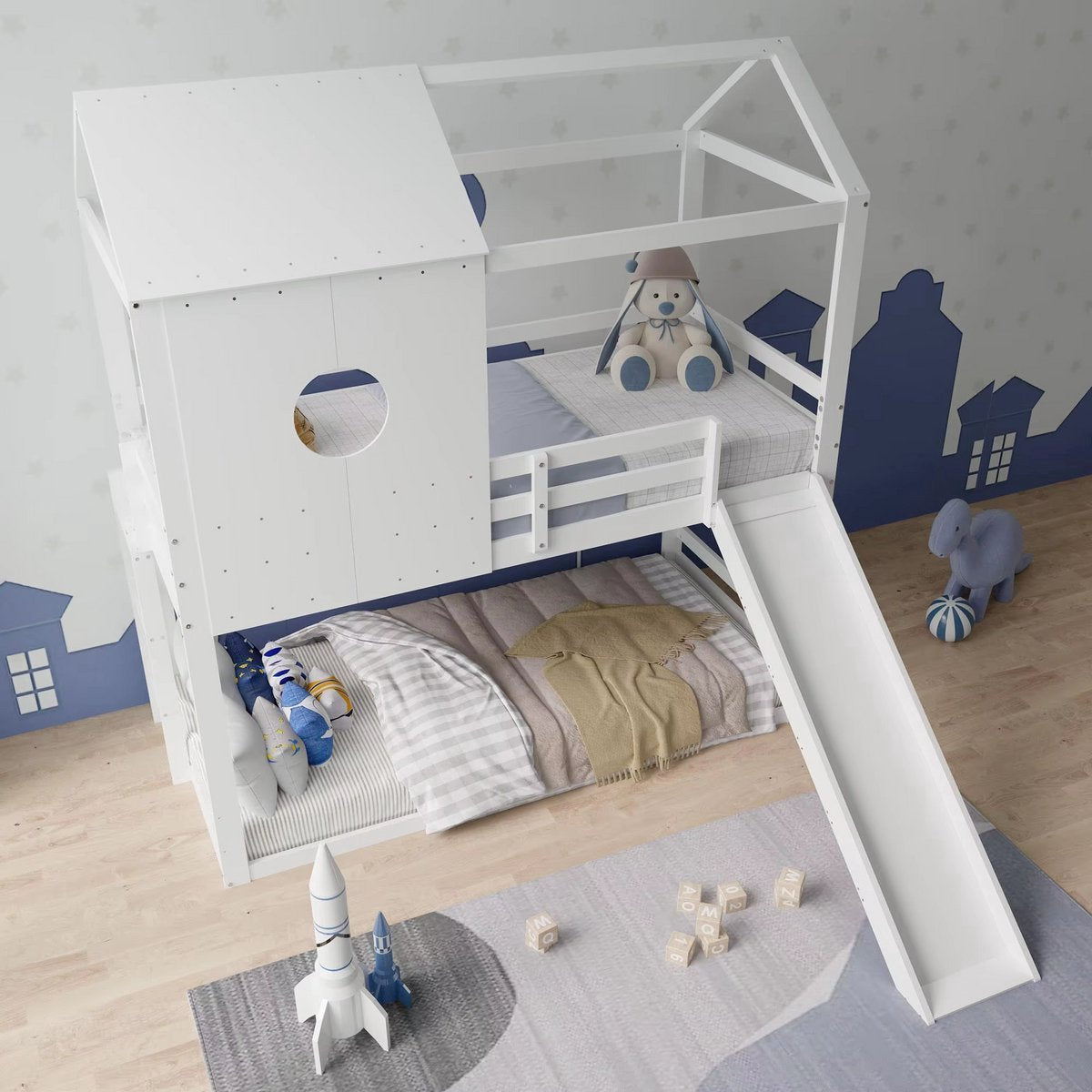Luxe stapelbed Valora voor kinderen - 90x200 cm - Kinderbedden - Hoogslaper - Met Hoektrap, valbeveiliging en raam - Peuterbed