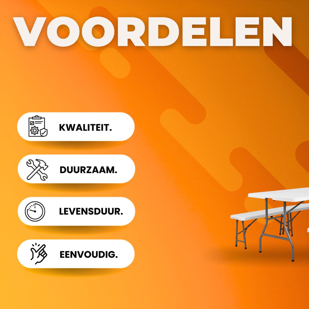 Klaptafel - Kampeertafel - 2 Banken set - Vouwtafel - Opvouwbare Tuinmeubelset voor Buiten, Kamperen & Picknick - Picknicktafel met Bankjes - 180 cm - Wit