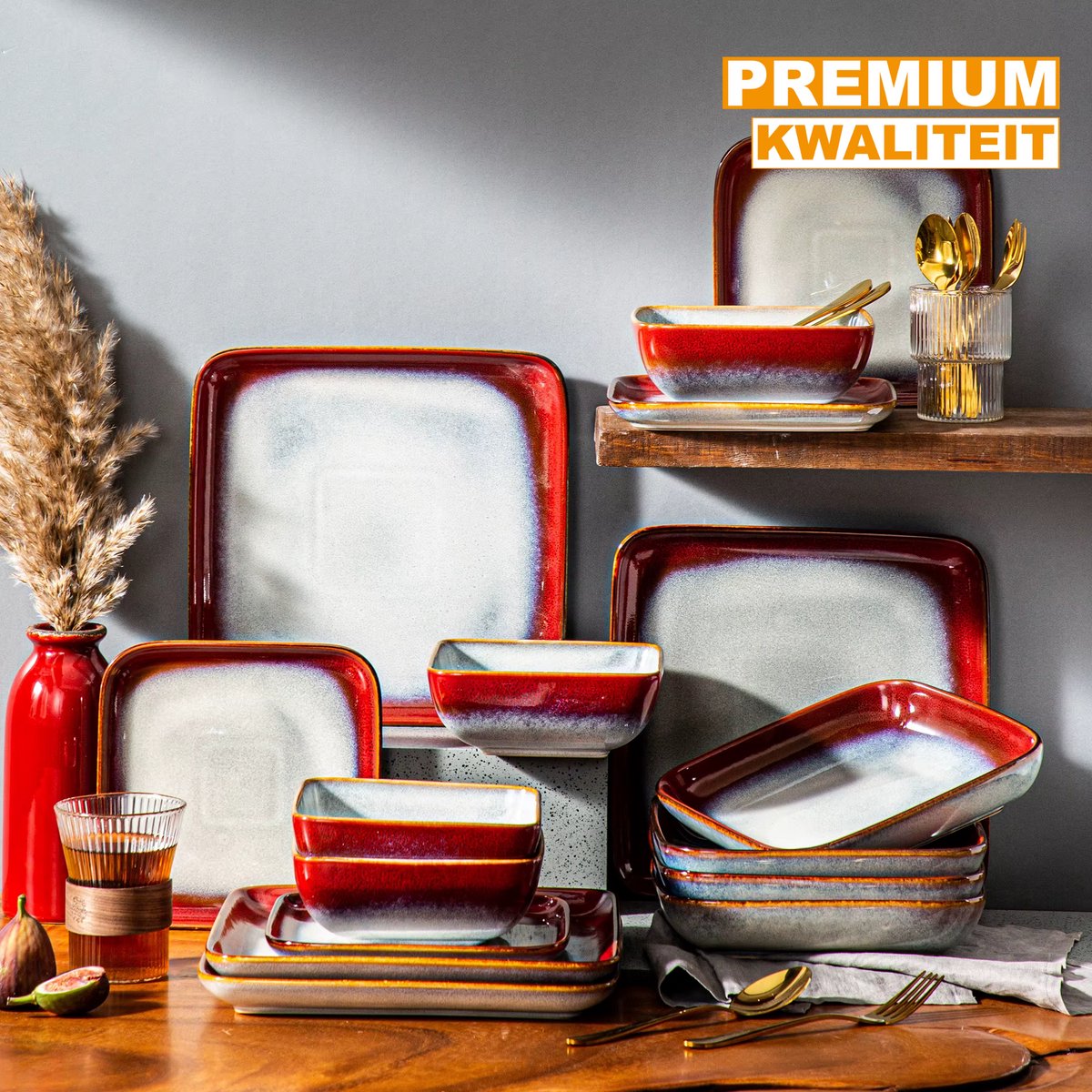 Regal Dinerborden – 4 persoons – 16 delig – Keramisch rood – Dinerborden – Breakfast Plates