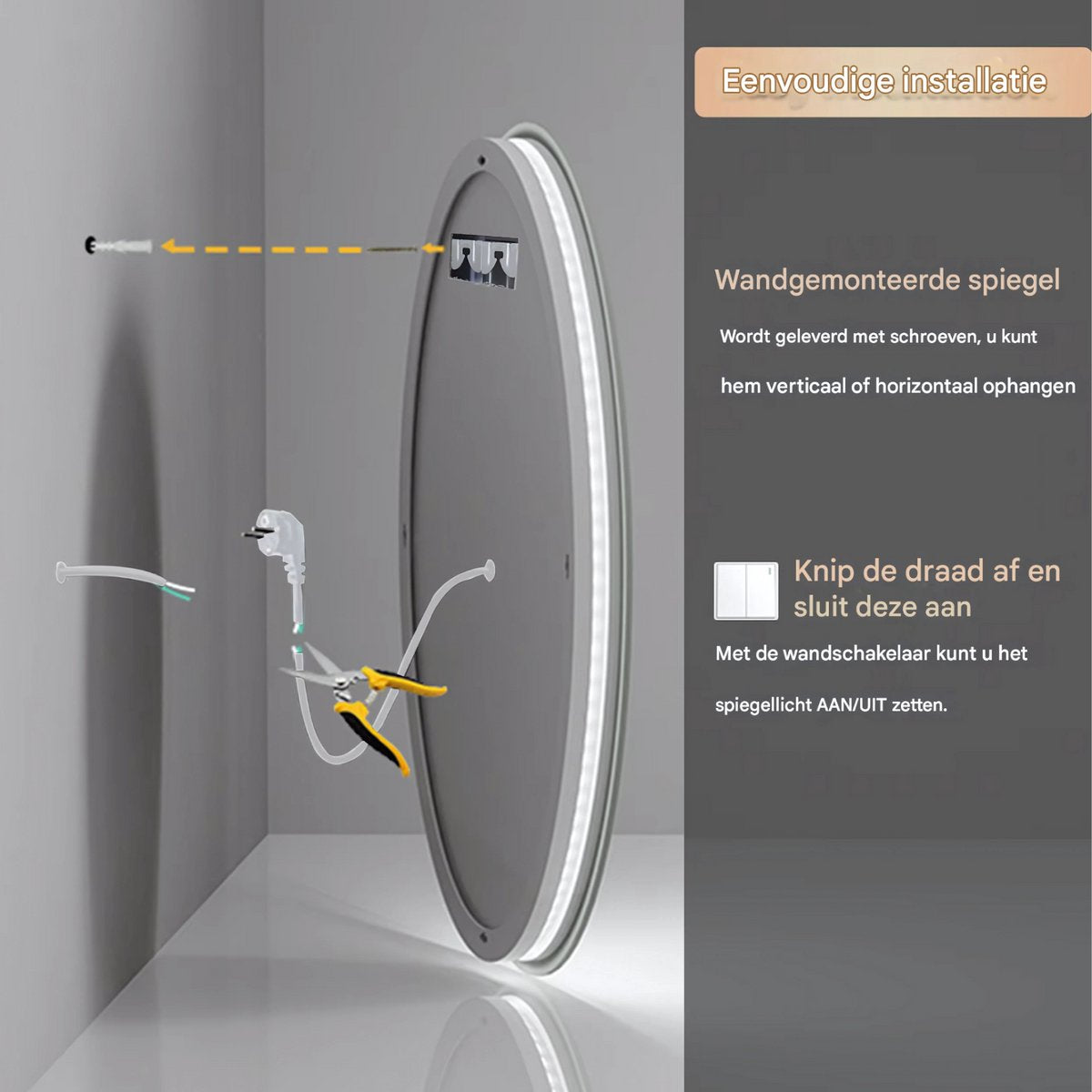 Ronde Badkamerspiegel Nero - Met verlichting - 80cm - Voor Badkamer, Make-up & Wandmontage - Dimbaar licht