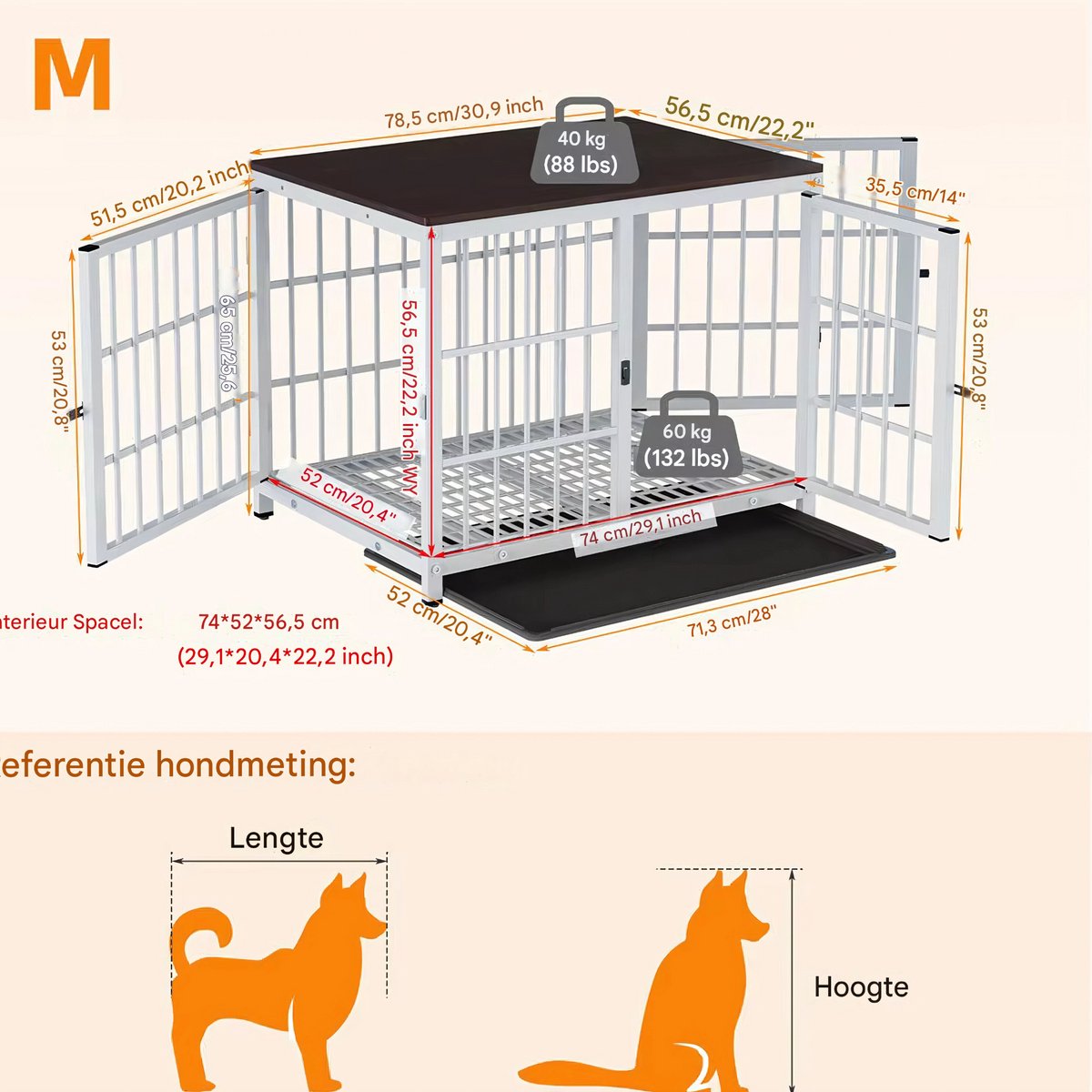 Zware Hondenkennel - Voor Huisdieren - Metalen Hondenkrat met Houten Meubelstijl - Hondenbench - Zwart - 78cm