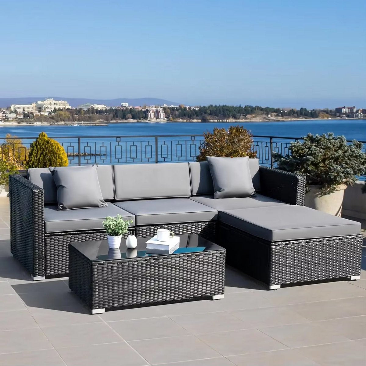 Polyrotan Lounge Tuinset voor 4 Personen - 5-delige Tuinset met Hoekbank, Salontafel en Kussens - Geschikt voor Patio & Tuin - Zwart