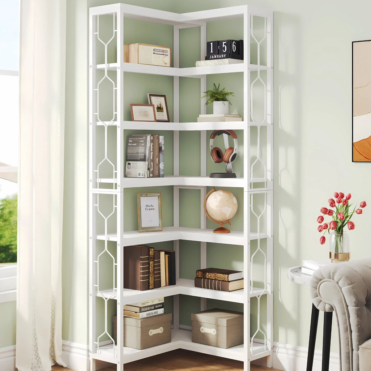 Hoek boekenkast met 7 Lagen - Hoekkast - Wit - Hoekrek - Voor Woonkamer, Slaapkamer of Kantoor
