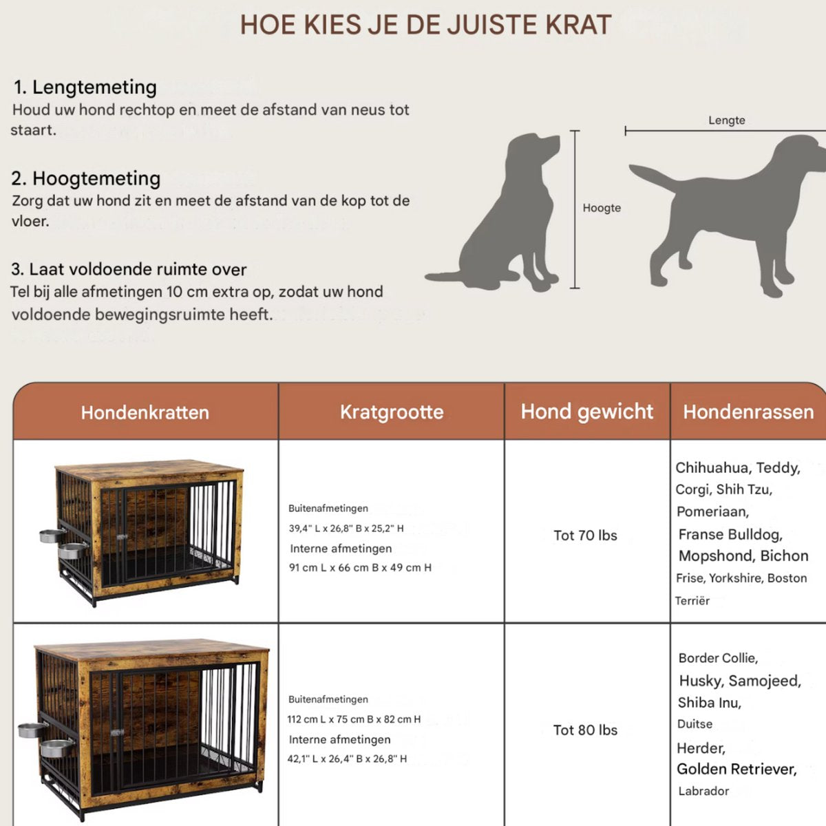 Houten Hondenbenche - Hondenren - Hondenkrat Bijzettafel met Afneembare Kommen en Dienblad - Dubbele Deuren Hondenkennel voor Middelgrote Honden Binnen - 112 x 75 x 84 cm - Grijs