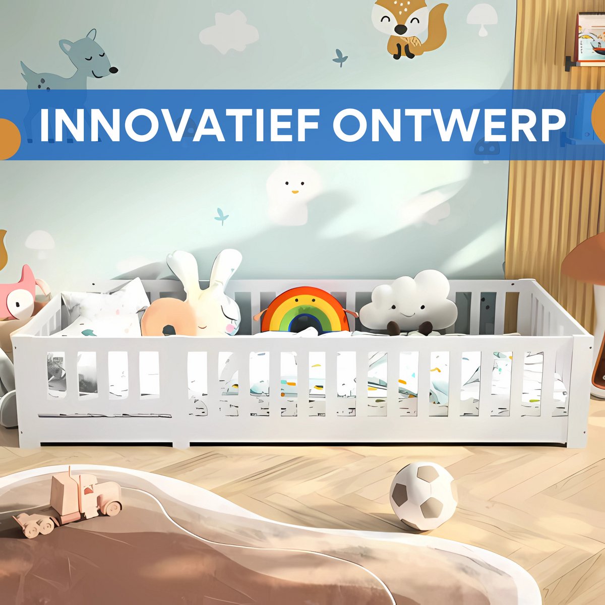 Kinderbed 90 x 200 cm - Voor Kinderen - Huisbed jongens en meisjes - Peuterbed - Met lattenbodem en valbeveiliging - Zonder matras