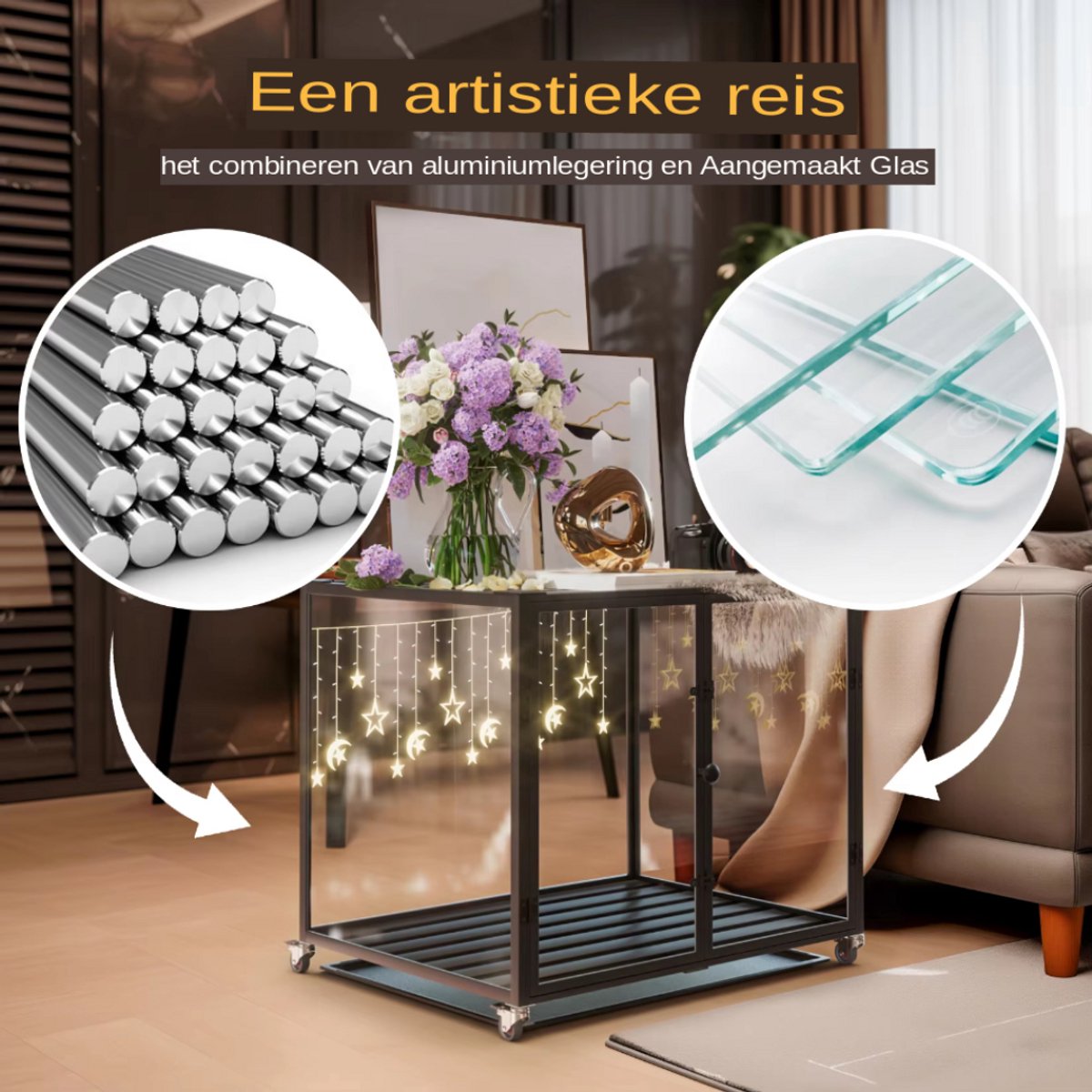 Hondenbench Cleany - Op wieltjes - Gehard glas - Hondenkennel - Met Aluminium Frame - 76cm