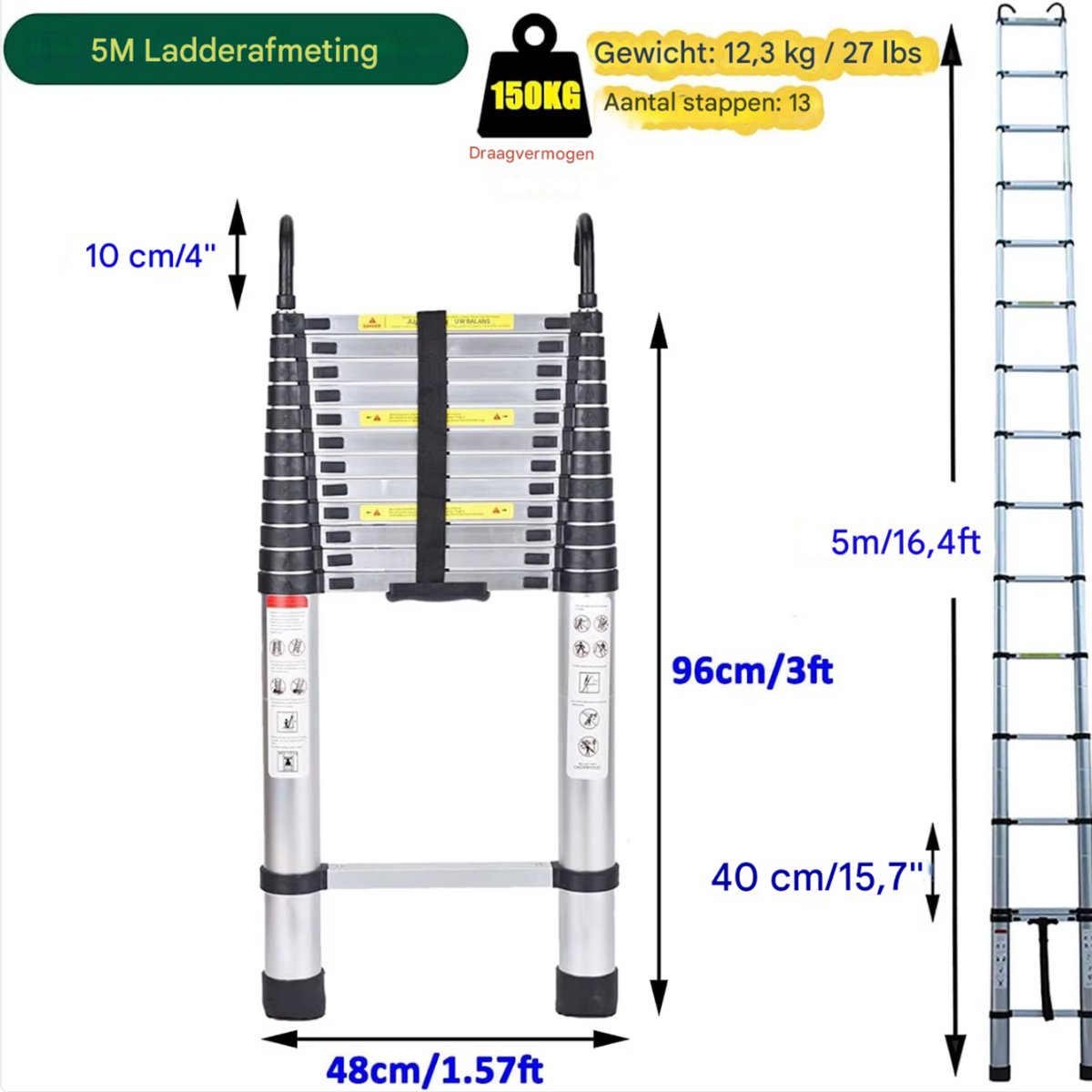 Telescopische Loft Ladder Nata - 5M - Opvouwbare Trapladder - Uitschuifbare Aluminium Ladder - Draagbaar - EN131 - Max. Belasting 150kg/330lb