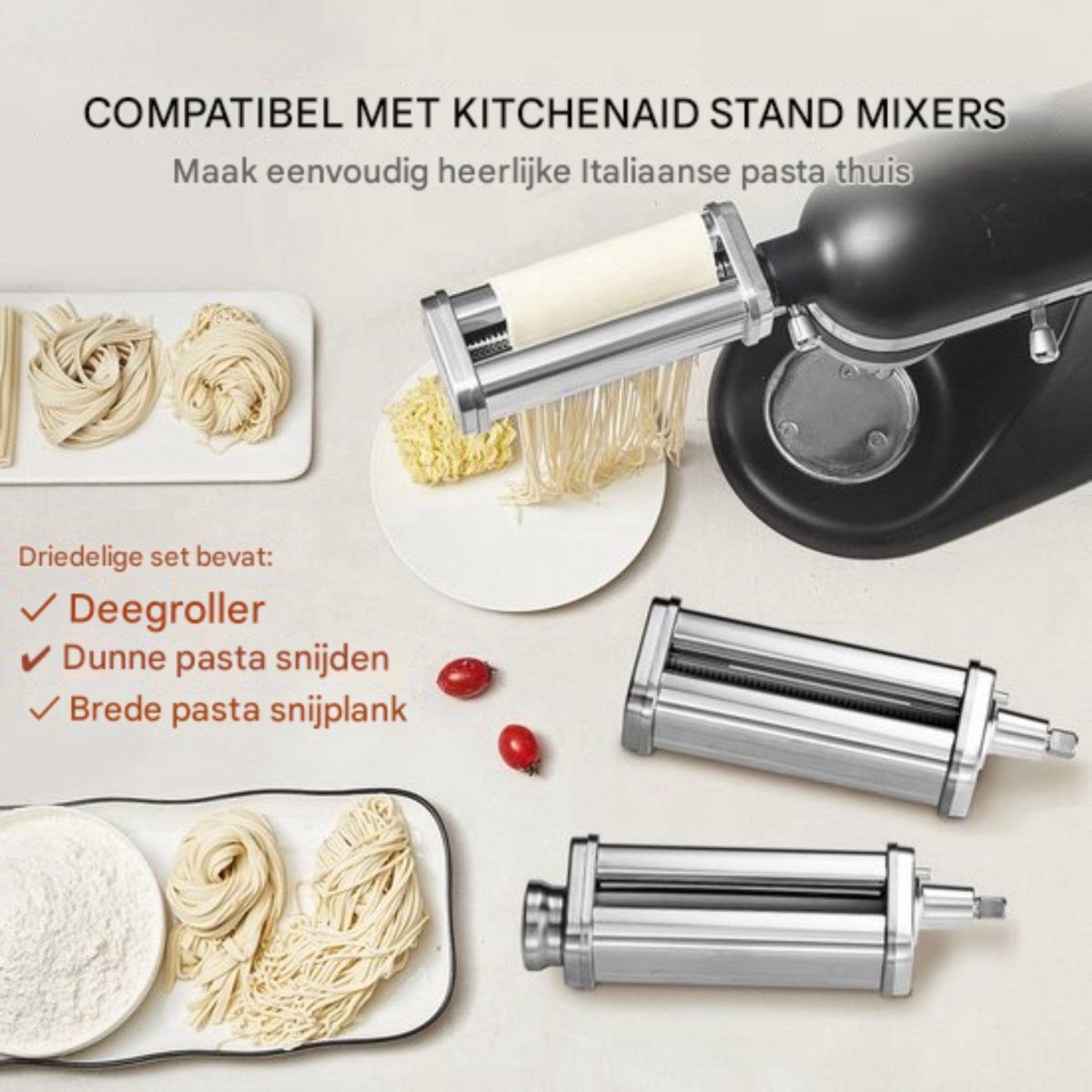 Pastamachines Set - Pastamaker - 3-Delig RVS - Met Reinigingsborstel - Voor Spaghetti