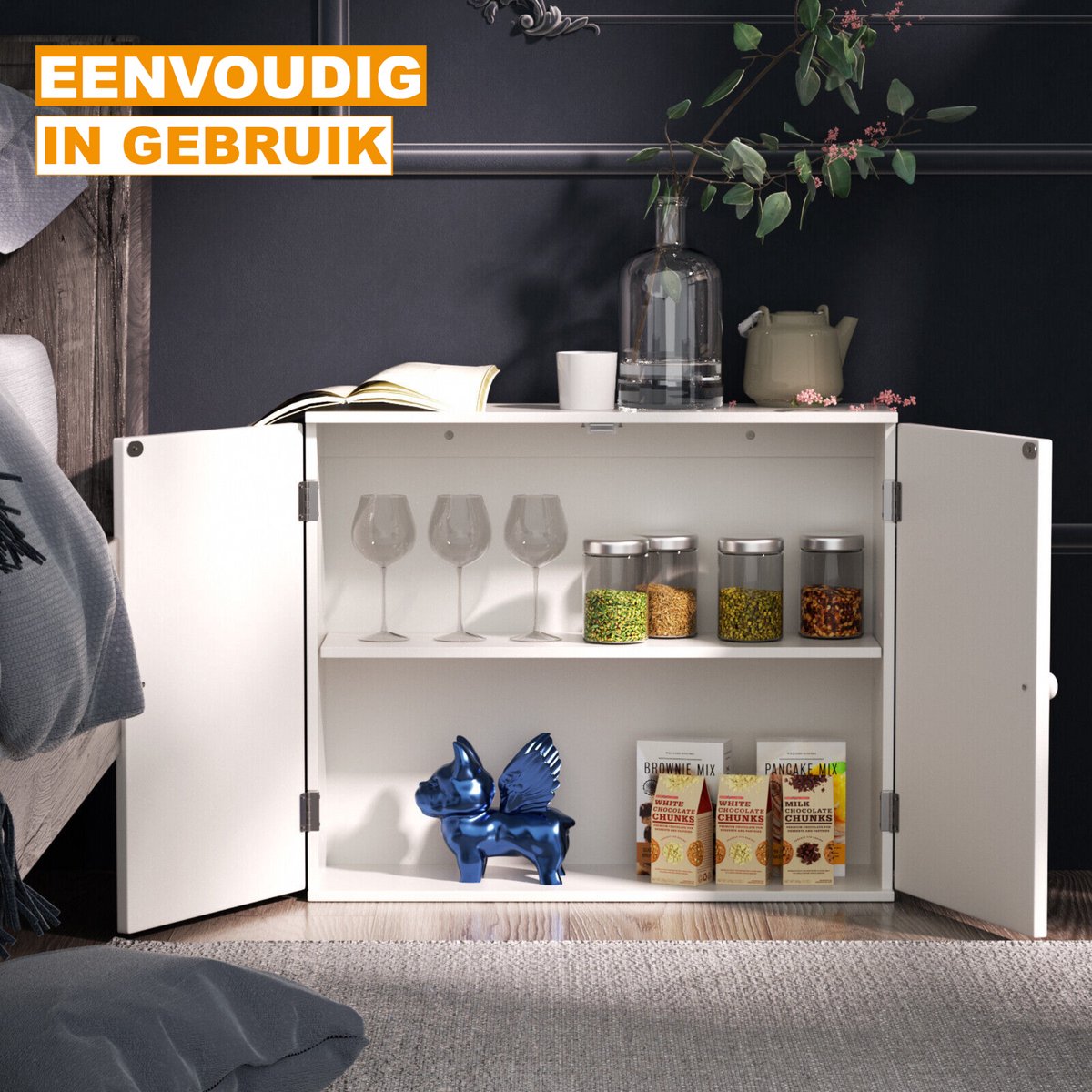 Vrijstaande Opbergkast - Wandkast met Dubbele Deuren - Voor Keuken & Badkamer - Extra Plank voor Meer Opbergruimte
