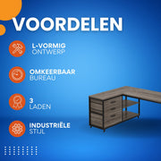 Hoekbureau London - Computerbureau - 135cm - Grijs - Voor thuis of werk - Hout en metaal