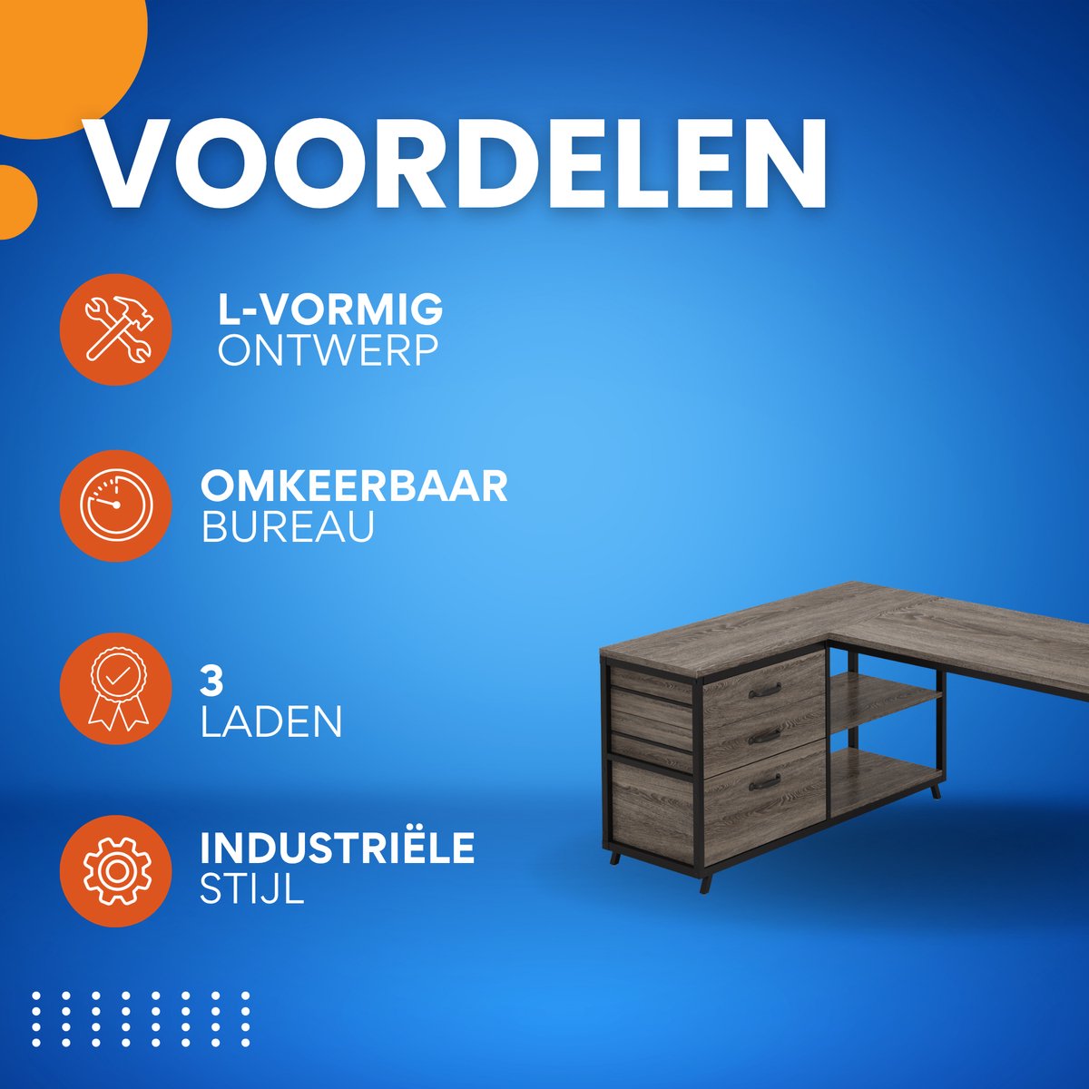 Hoekbureau London - Computerbureau - 135cm - Grijs - Voor thuis of werk - Hout en metaal