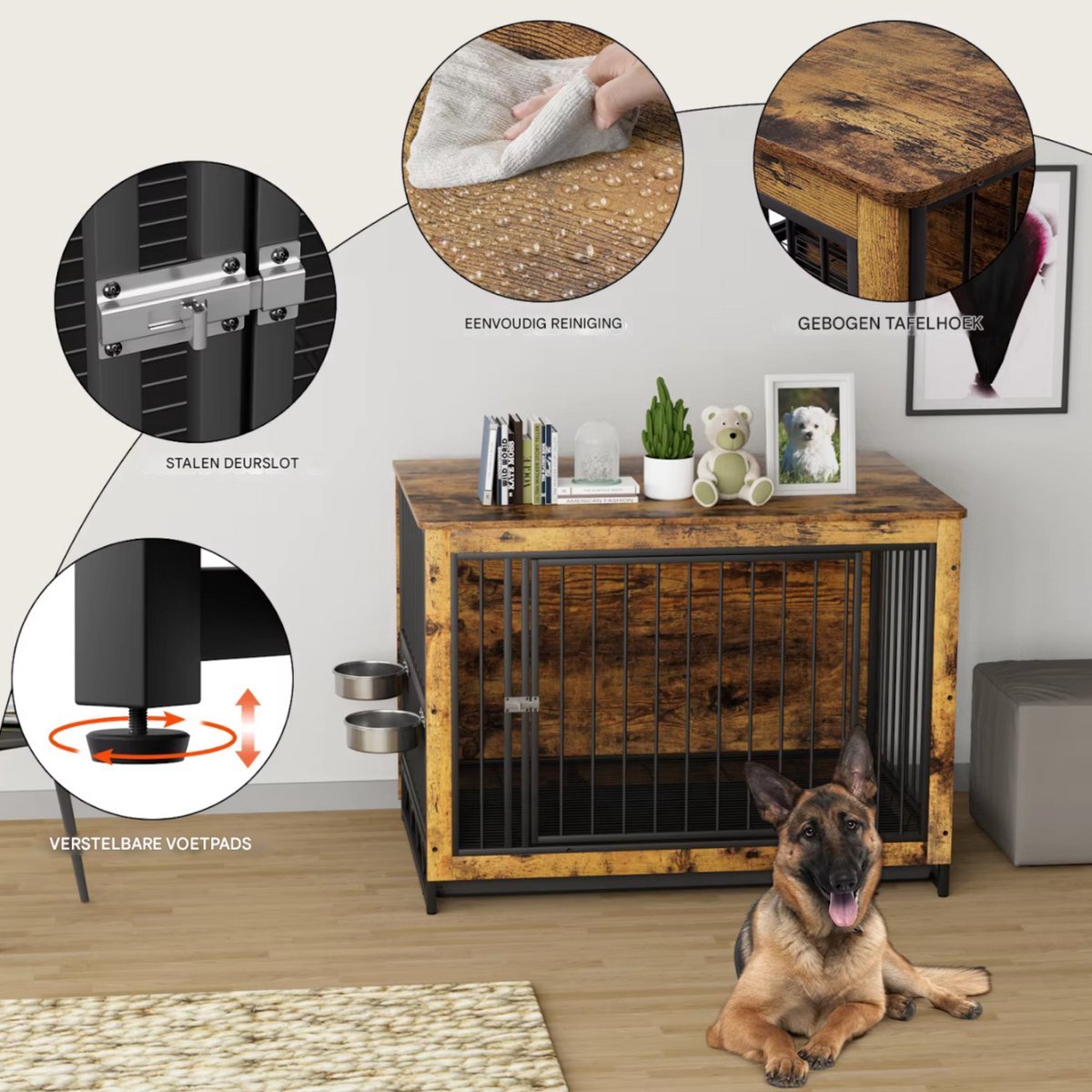 Houten Hondenbenche Valora - Hondenren - Hondenkrat Bijzettafel met Afneembare Kommen en Dienblad - Dubbele Deuren Hondenkennel voor Middelgrote Honden Binnen - 100 x 68 x 64 cm - Grijs