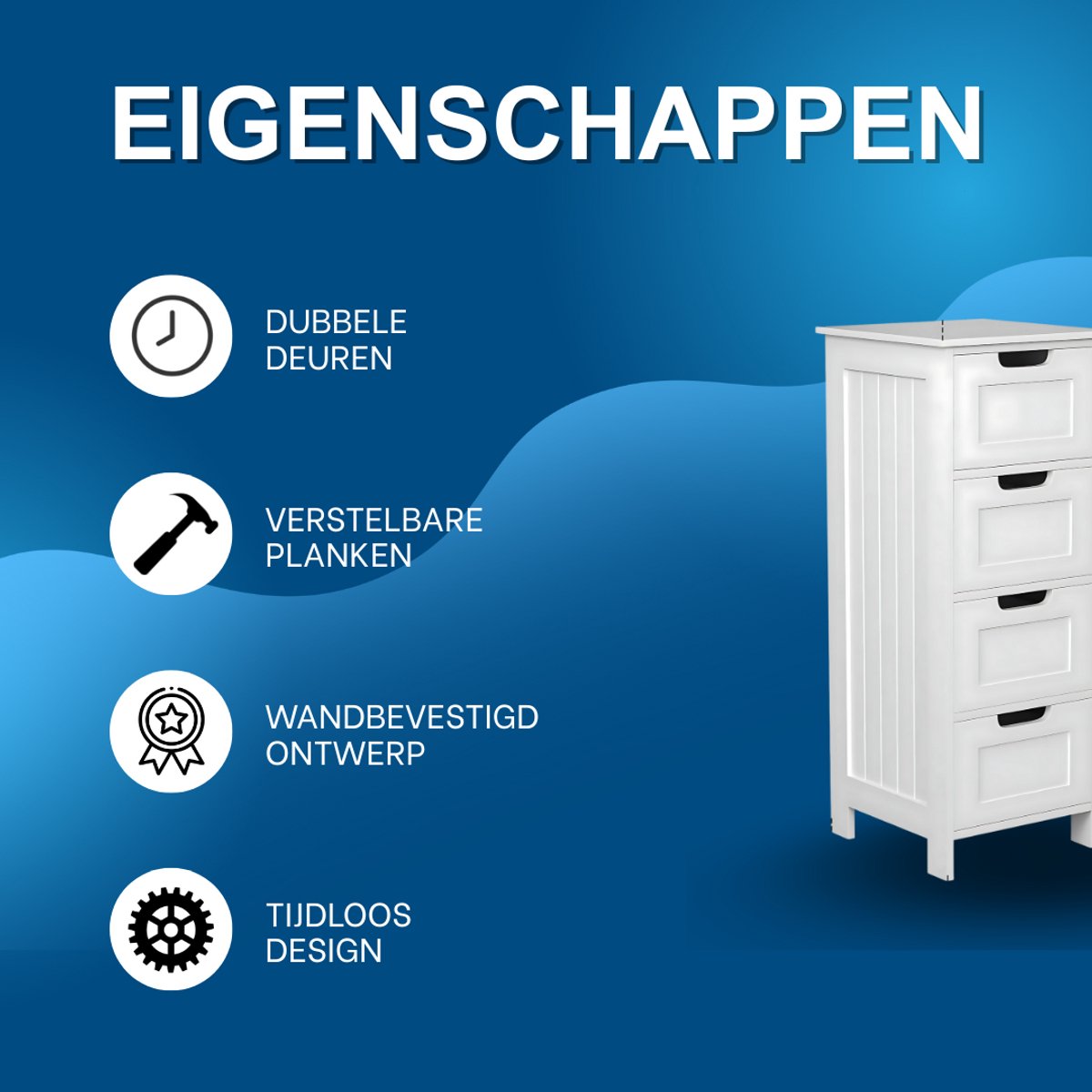 Badkamerkast Bolivi - Opbergkast - Staand hoog - Badkamermeubel - 4-Laags - Wit