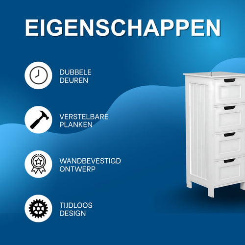 Badkamerkast Bolivi - Opbergkast - Staand hoog - Badkamermeubel - 4-Laags - Wit
