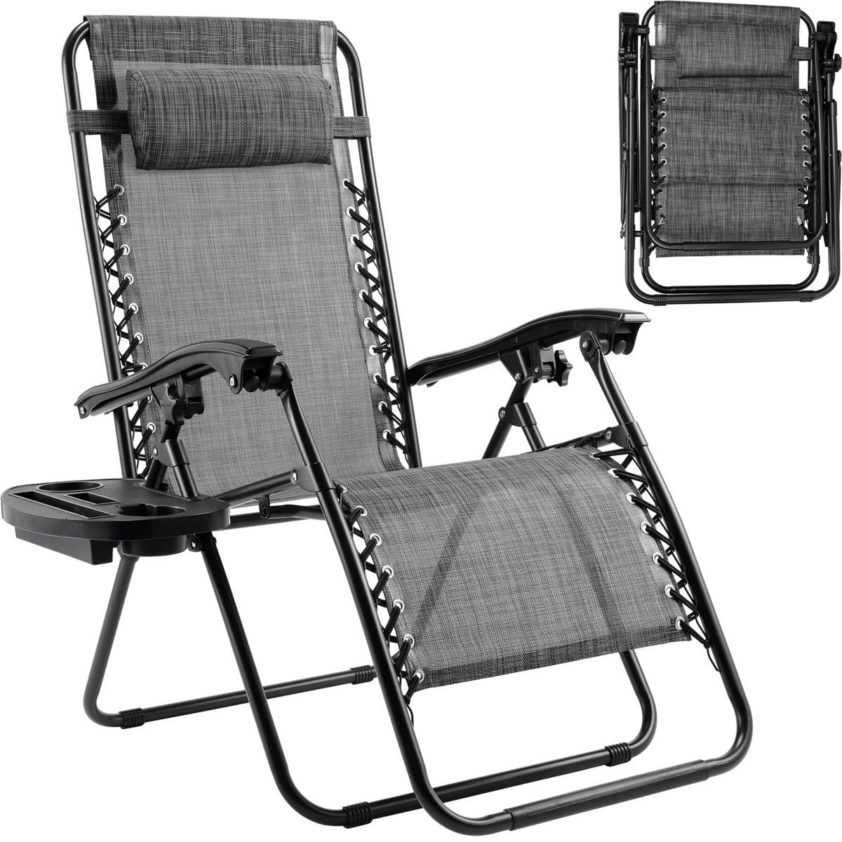 Opvouwbare stoel Valora verstelbare stalen gaas - Zero Gravity lounge stoel - Fauteuils met kussens en bekerhouder - Grijs - 2 stuks
