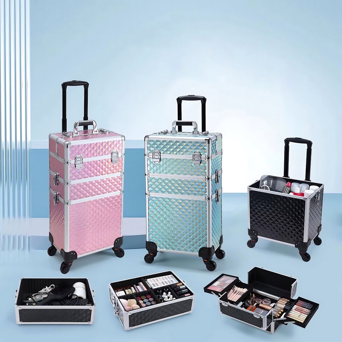 3-in-1 Rollende Make-up Trolley - Make up koffer - Kappers koffer - Beautycase - Voor Schoonheidssalons en visagie - Blauw