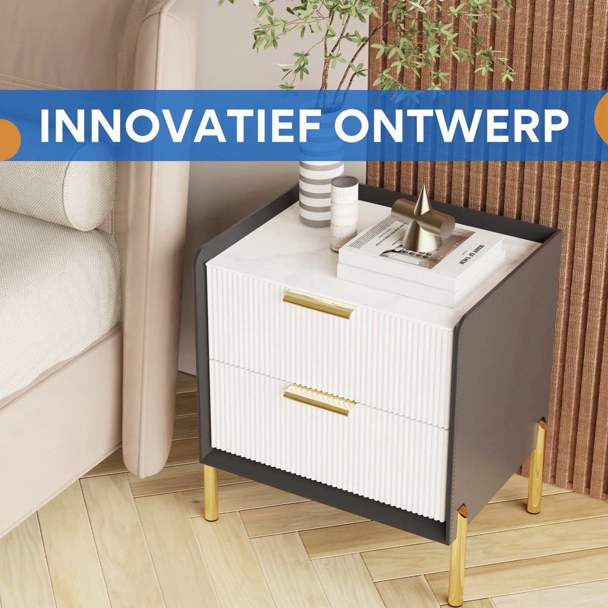 Nachtkastje Luxora - Met 2 Laden - Gouden Metalen Poot en Marmeren Tafelblad - Bijzettafel voor Sofa of Einde Tafel
