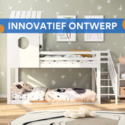 Stapelbed 200 x 90 cm - Voor Kinderen - 2 kinderbedden - Hoogslaper - Met Hoektrap, valbeveiliging en raam - Peuterbed