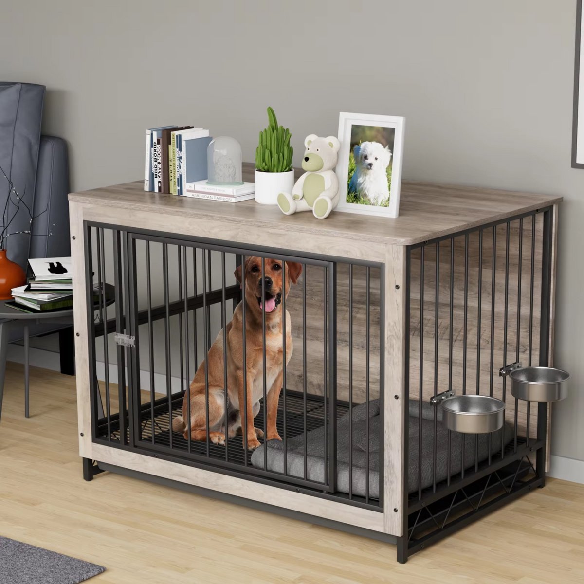 Houten Hondenbenche Zyrell - Hondenren - Hondenkrat Bijzettafel met Afneembare Kommen en Dienblad - Dubbele Deuren Hondenkennel voor Middelgrote Honden Binnen - 99 x 63 x 75 cm - Wit