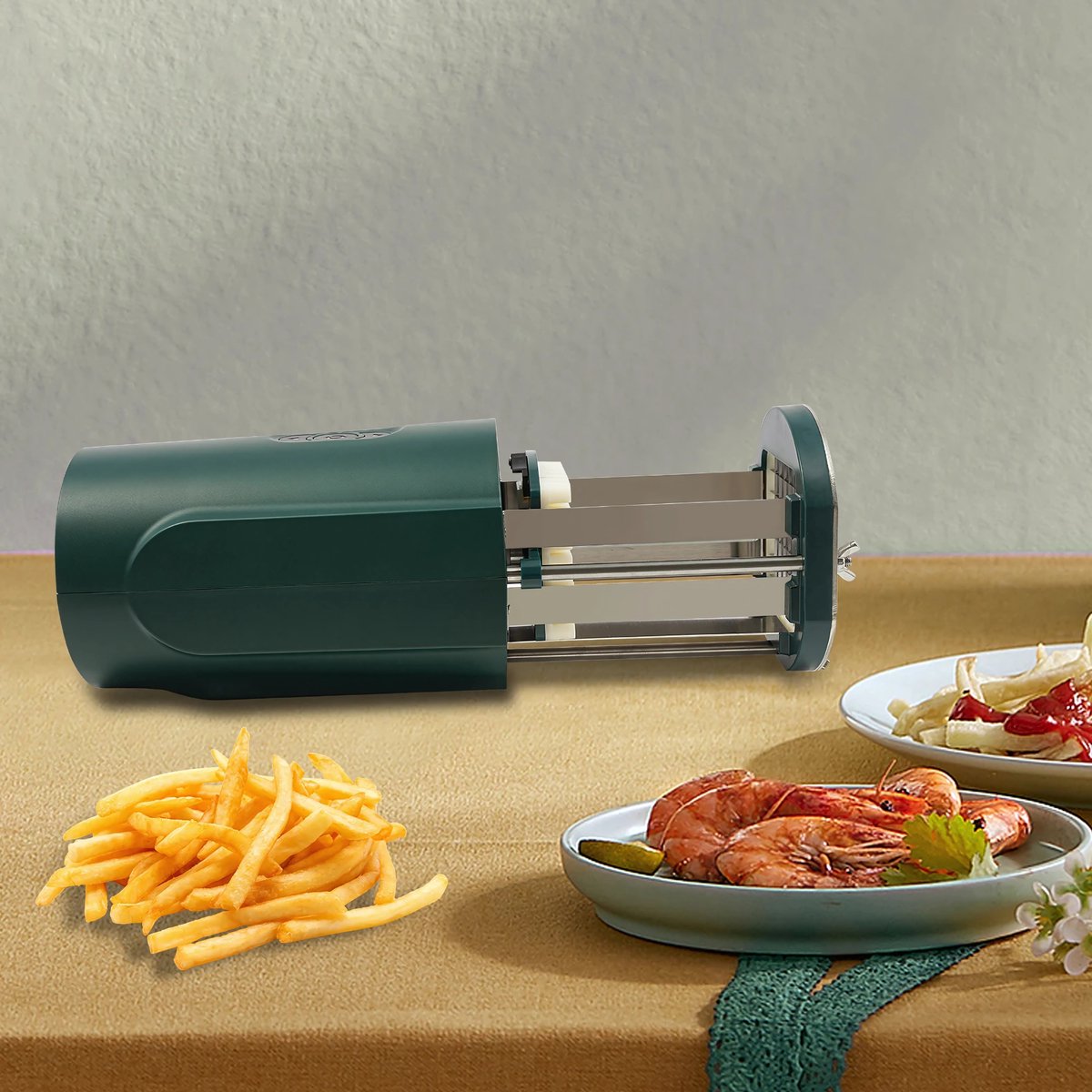 Elektrische Frietsnijder - Patatsnijder - Groentesnijder - met 2 Messen - voor Aardappelen & Hard Fruit - Krachtige met Antislip Basis - Groen