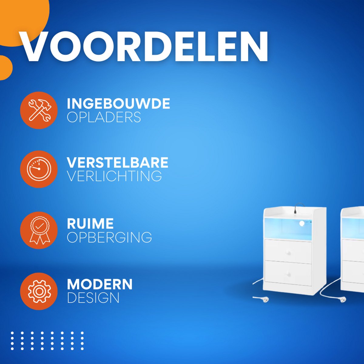 Nachtkast met RGB lichten - Wit - Slaapkamer - Met ingebouwde usb oplaadpoorten - Set van 2