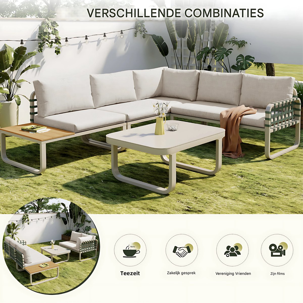 Tuinmeubelset - Loungeset - Tuinlounge Lounge Set - 4-5 Zits Lounge Set - Groen Leder & Rotan - Met Comfortabele Kussens voor Buiten