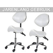 Ergonomische Rollende Zadelstoel - Bureaukruk - Werkkruk - Tabouret - Zadelstoel - met Wielen & Rugleuning - Voor Kapper & Spa - Wit
