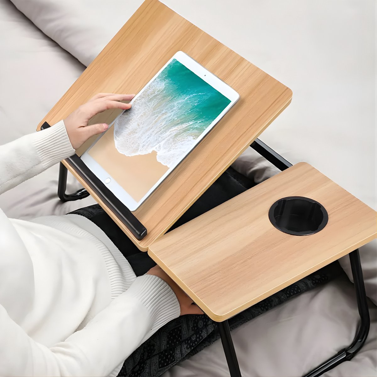 Laptoptafel – Tablethouder - Bedtafel – Voor bed, kantoor of studie – In hoogte verstelbaar met bekerhouder – Hout