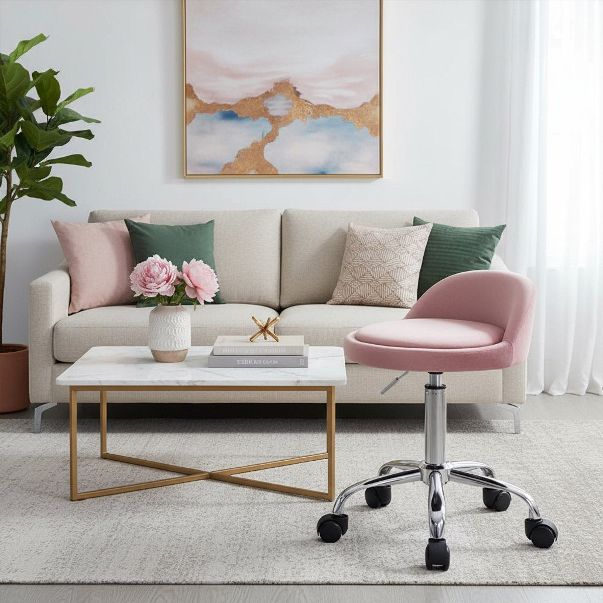 Luxe werkkruk - Op wielen - Roze - Zadelkruk - Kapperskruk - Tabouret draaikruk - Zonder rugleuning - Ergonomisch - Velvet