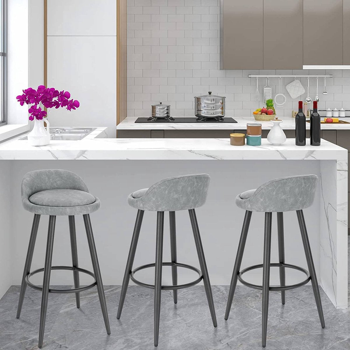 Leren Barkrukken Cardiff - Set van 2 - Grijs - Met rugleuning - Barstoelen ergonomisch - Keuken - Zithoogte 69cm