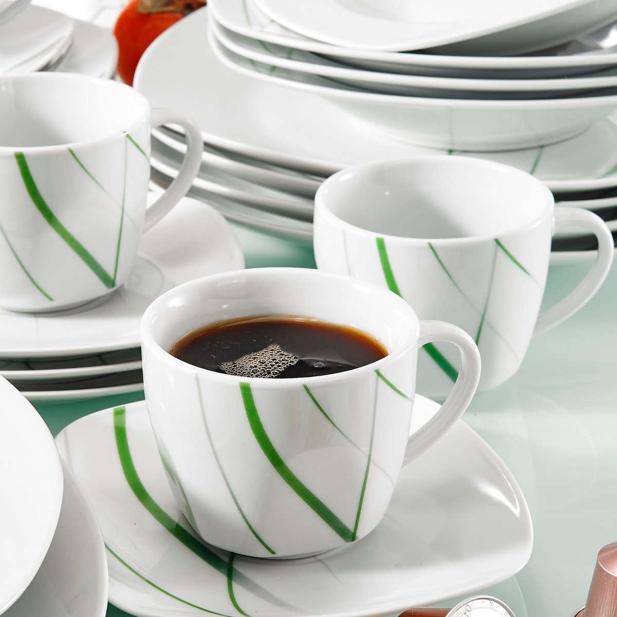 Nobleza Salade Kom - 30 delig - Wit/Groene Strepen - Dinerborden - Bordenset - Diepe borden - Ontbijtborden - Servies - Keukenservies