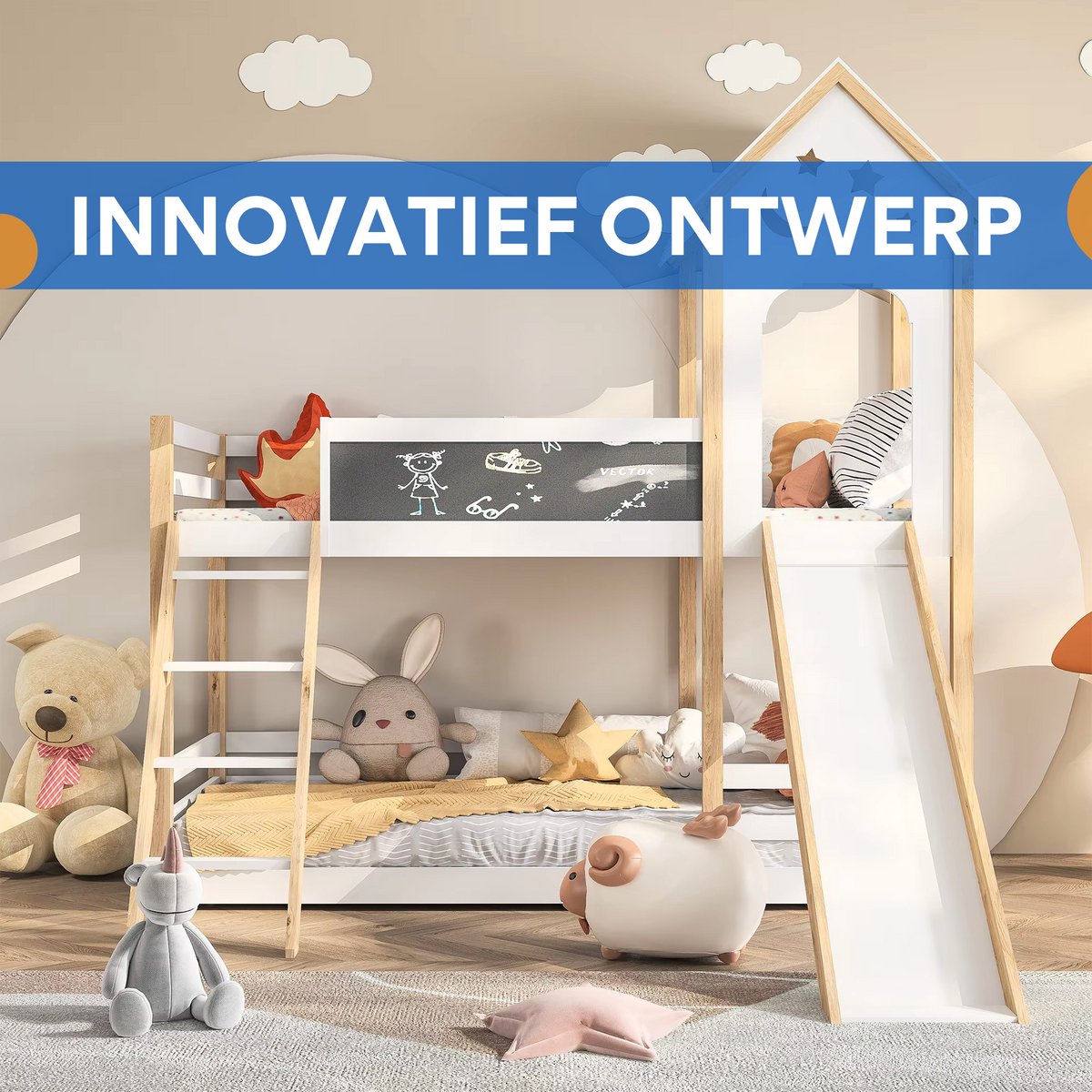 Stapelbed voor kinderen - Met glijbaan - 90x200 cm - 2 kinderbedden - Met Hoektrap, valbeveiliging en raam - Peuterbed