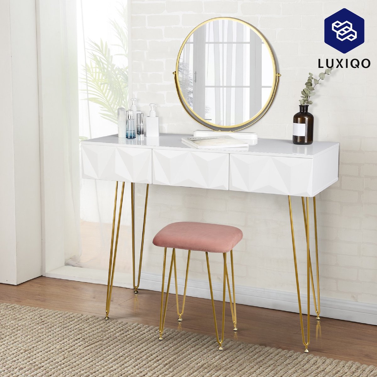 Luxiqo® Kaptafel - Make-Up Tafel - Kaptafel Set met Spiegel - 360° Draaibare Make-Up Spiegel - 3 Lades - Fluwelen Kruk - Wit/Grijs