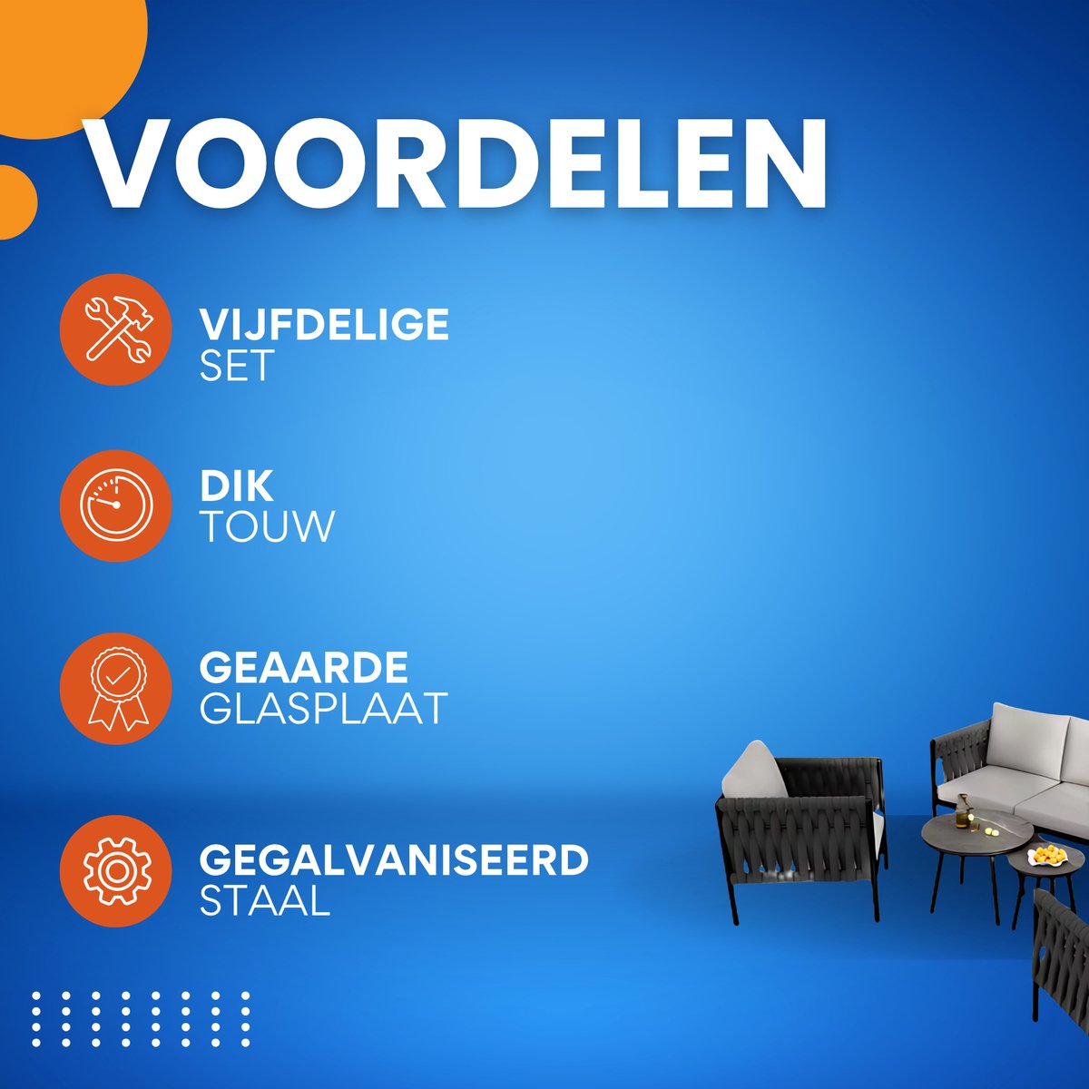 Tuinmeubelset - Loungeset - Tuinlounge Lounge Set - Lounge Set - Voor Tuin, Terras of Balkon - 3-zits Sofa, 2 Fauteuils & 2 Tafelbanken - Dik Touw & Gaasdesign met Gemarmerde Glasplaat - Gegalvaniseerd Staal