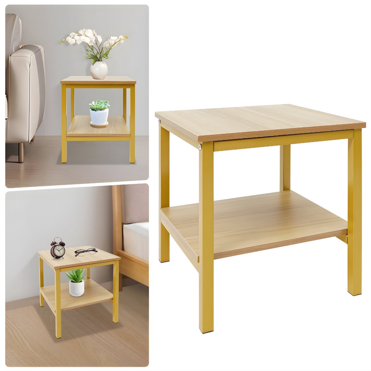 Bijzettafel met opbergruimte - Voor woonkamer of slaapkamer - Tafeltje met plank en opslagfunctie - Geel
