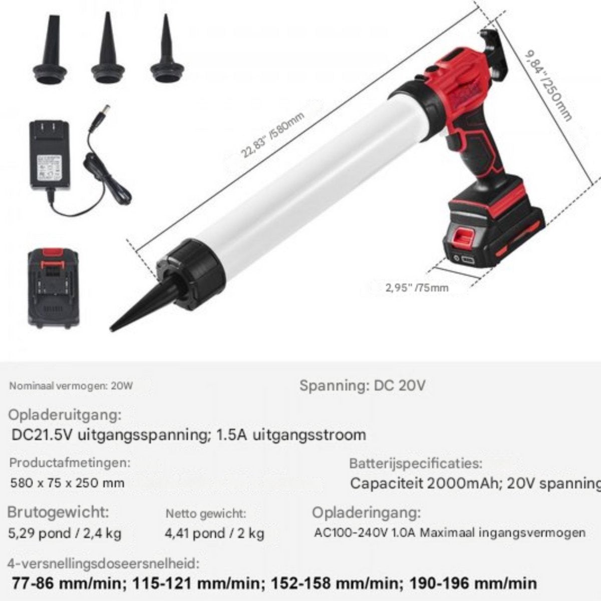 Elektrische kitspuit - Met accu - Draadloos - 4 Snelheden - Kitpistool - Siliconenpistool - Siliconen pistool