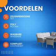 Tuinmeubelset - Loungeset - Tuinlounge - Lounge Set voor 7 Personen - Inclusief Sofa, Tafel, Kruk en Wasbare Kussens