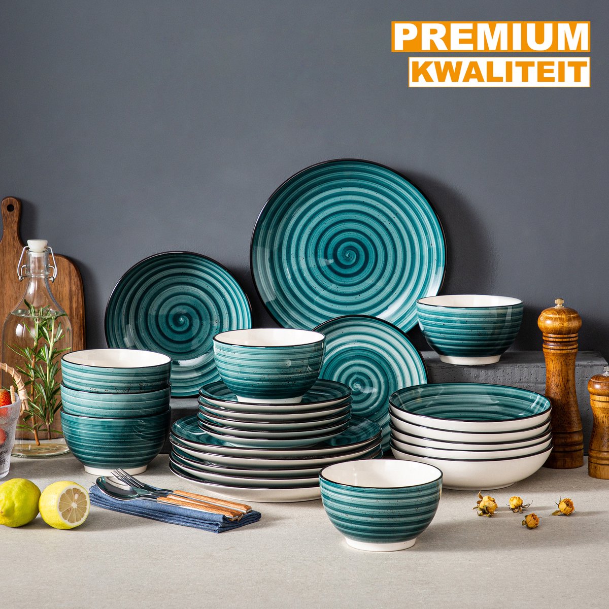 Royal Bordenset – 6 persoons – 24 delig – Groen Keramisch – Dinerborden – Breakfast Plates