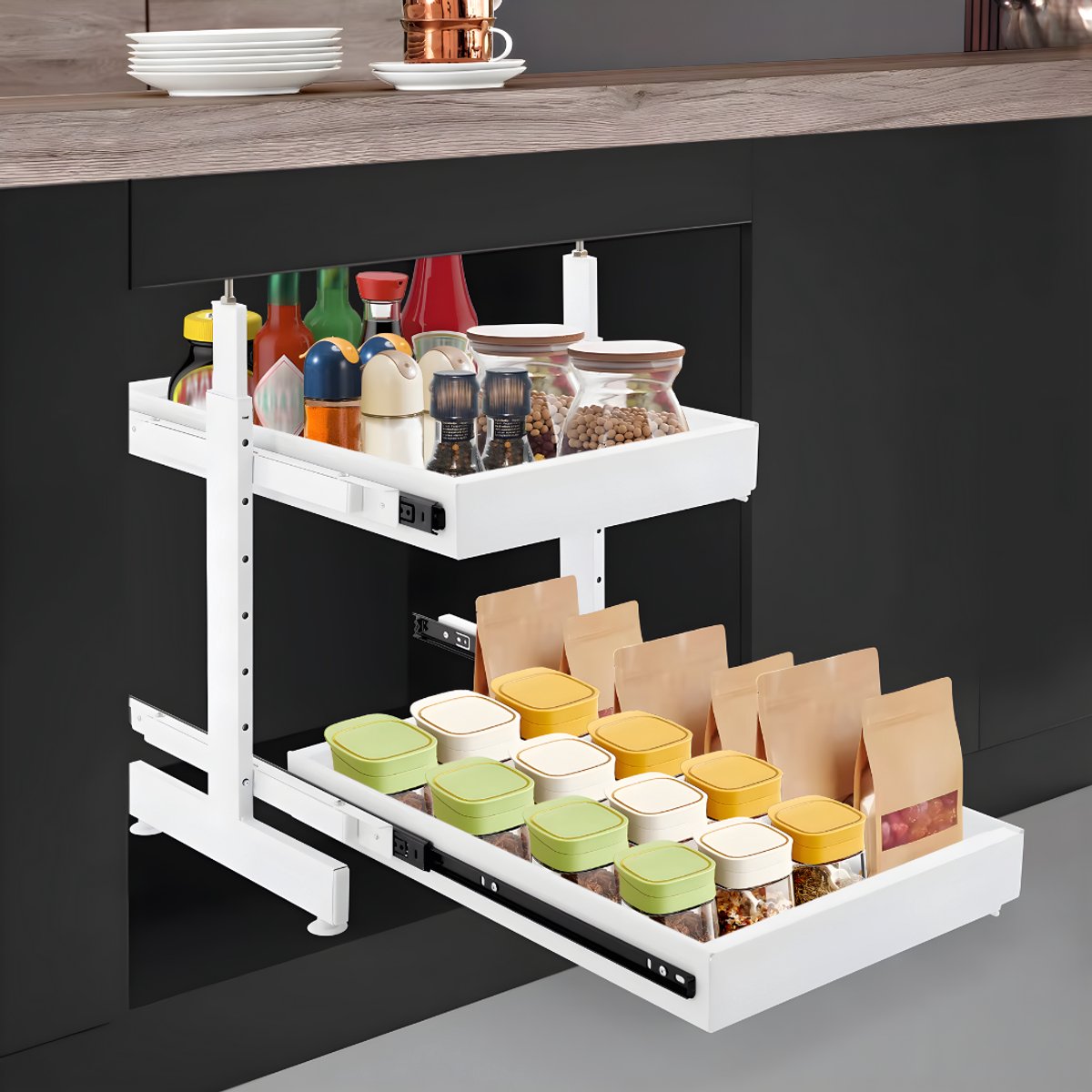 Uittrekbare kastorganizer - Keuken organizer - Opbergrek - Voor keukenkasten en opbergruimte - Praktisch en ruimtebesparend - Wit
