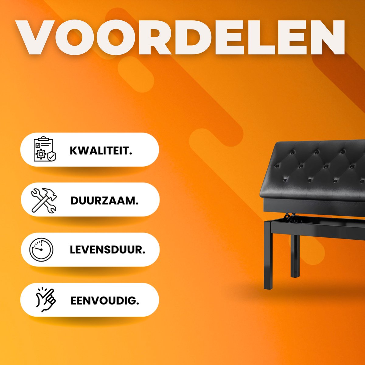 Pianobank XL - Met opbergruimte - Pianokruk - Pianostoel - In hoogte verstelbaar - Zwart