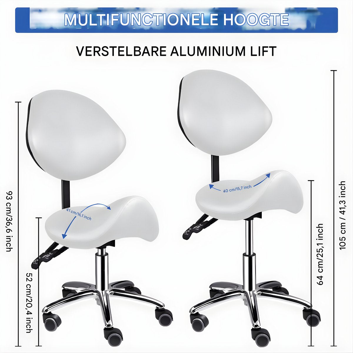 Ergonomische Rollende Zadelstoel - Bureaukruk - Werkkruk - Tabouret - Zadelstoel - met Wielen & Rugleuning - Voor Kapper & Spa - Wit